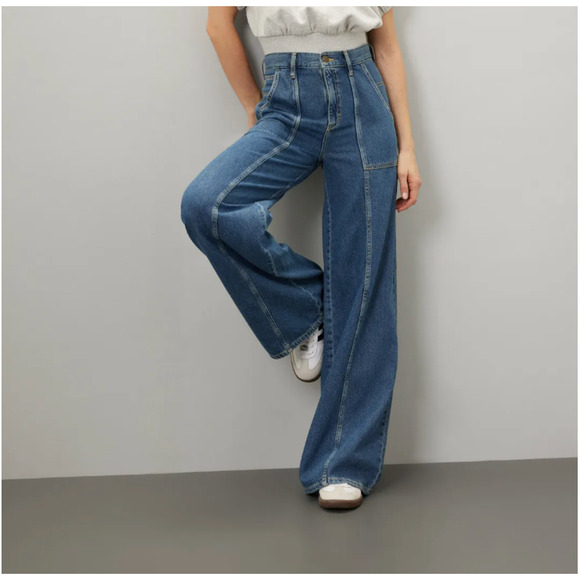 Lee Wide Leg Cargo Jeans Denim SIZE 27 Medium Wash Slouchy Long Carpenter $118 - Picture 11 of 13